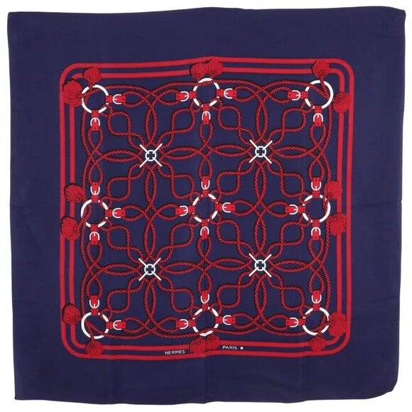 HERMES Carree scarf Rope Pattern Navy blue / red silk Women - Picture 1 of 8